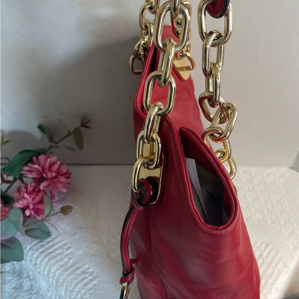 Michael Kors Red Leather Shoulder Hobo with Gold Double Chain Strap - Picture 14 of 15
